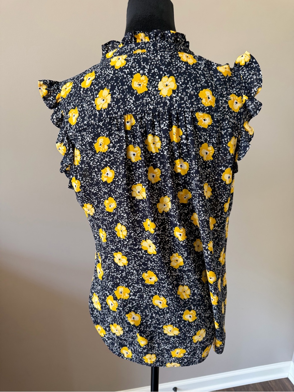 LOFT Navy Floral Ruffle Cap-Sleeve Blouse - Yellow Flower Print Medium - Picture 3 of 10